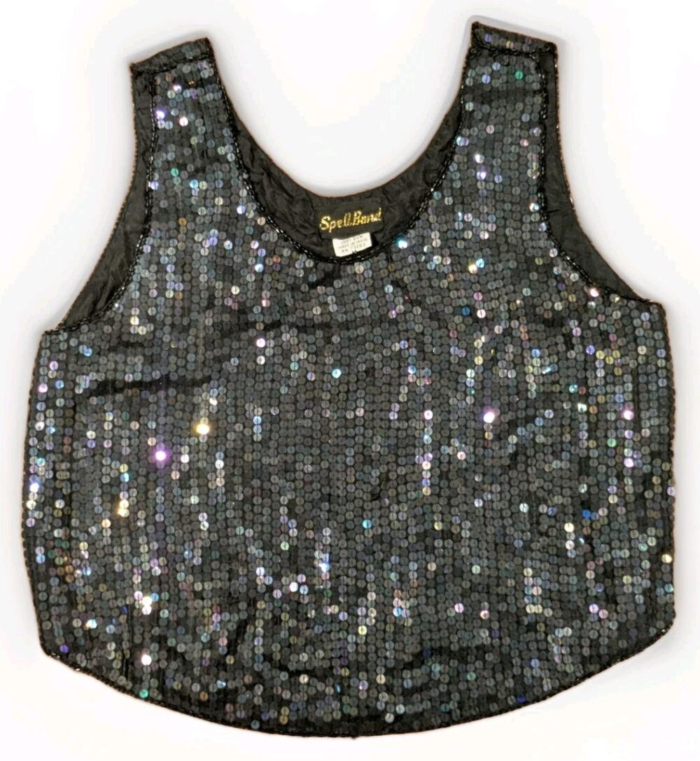 Vintage Spellbound 100% Silk Black Sequin Top Womens M Iridescent 80s